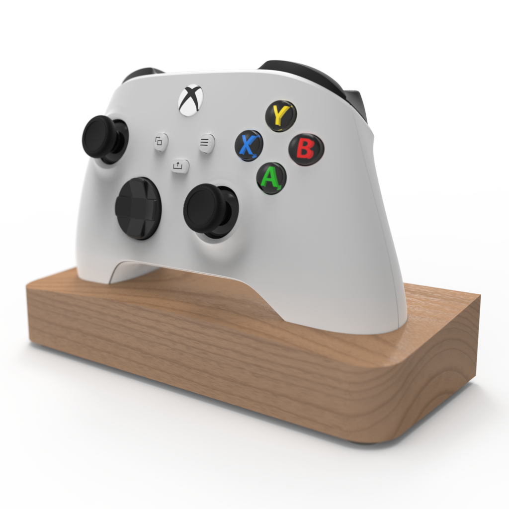 A Xbox Series X controller placed on a wooden controller stand.